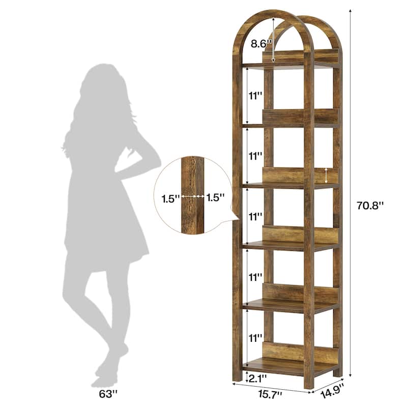 6-Tier Arched Tall Narrow Bookshelf Bookcase with Shelves for Small Space