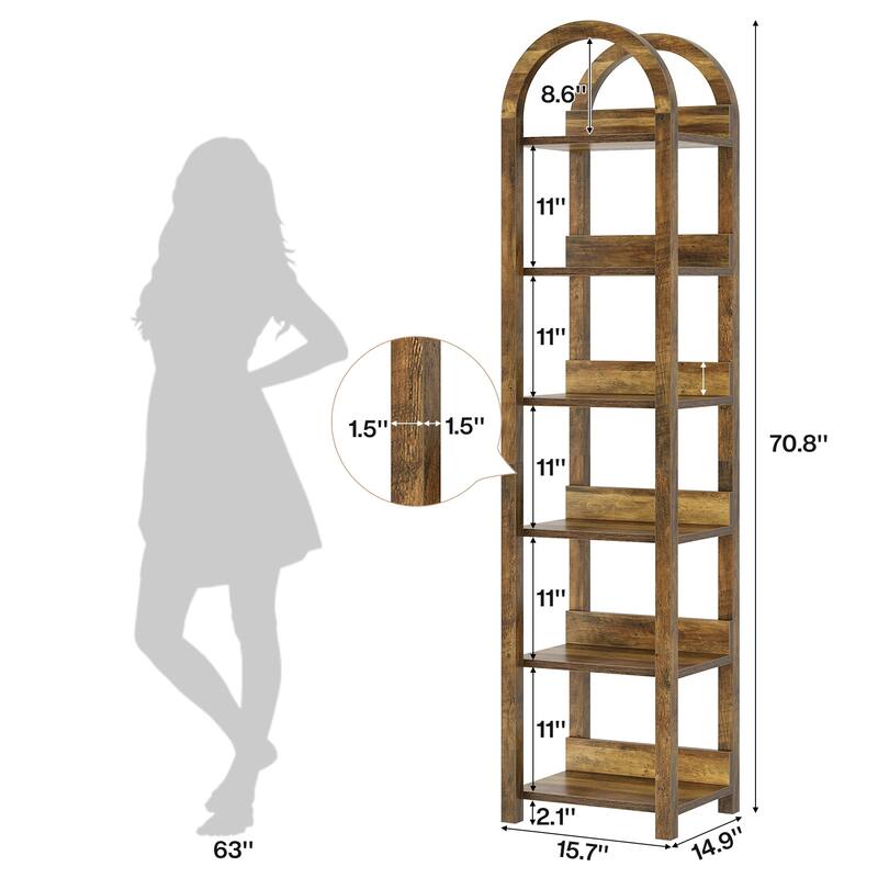 71'' Tall Brown Wood Arched Bookshelf Narrow Skinny Bookshelf with 6 Open Shelves