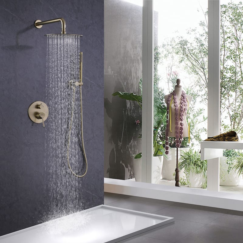 1-Spray Patterns Wall Mount Dual Shower Heads with Handheld Shower Head Set in Brushed Gold - 10 inch - Brushed Gold
