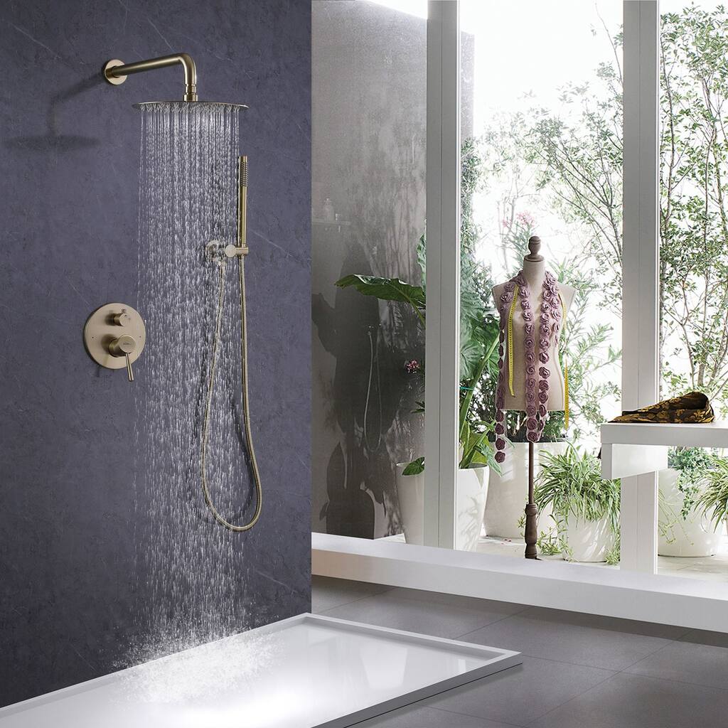 1-Spray Patterns Wall Mount Dual Shower Heads with Handheld Shower Head Set in Brushed Gold - 10 inch