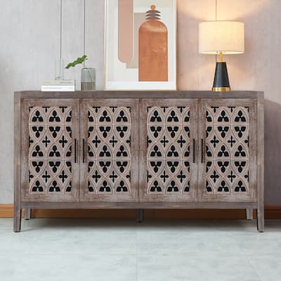 Accent Cabinet with 4 Doors, Vintage Hollow Carving Buffet Cabinet, Sideboards and Buffets with Storage Credenza for Living Room