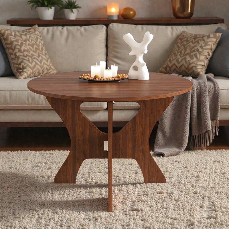 43 Inch Folding Dining Table for Small Spaces, Round MDF Veneer Foldable Kitchen Table with Slim Storage Design