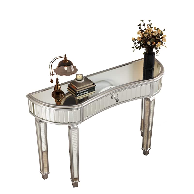GDFStudio - 47" Half-Moon Mirrored Console Table with Fluted Glass & Crystal Knob Drawer