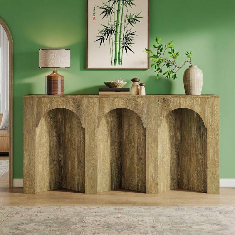 Brown Wood Vintage Console Table with Arched Design and Narrow Profile - 62.99” L x 11.81 W x 31.50 H