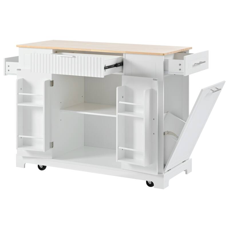 Rolling Kitchen Islands on 5 Wheels with 3 Drawer, 3 Open Side Racks for 10 Gallon Garbage Bin