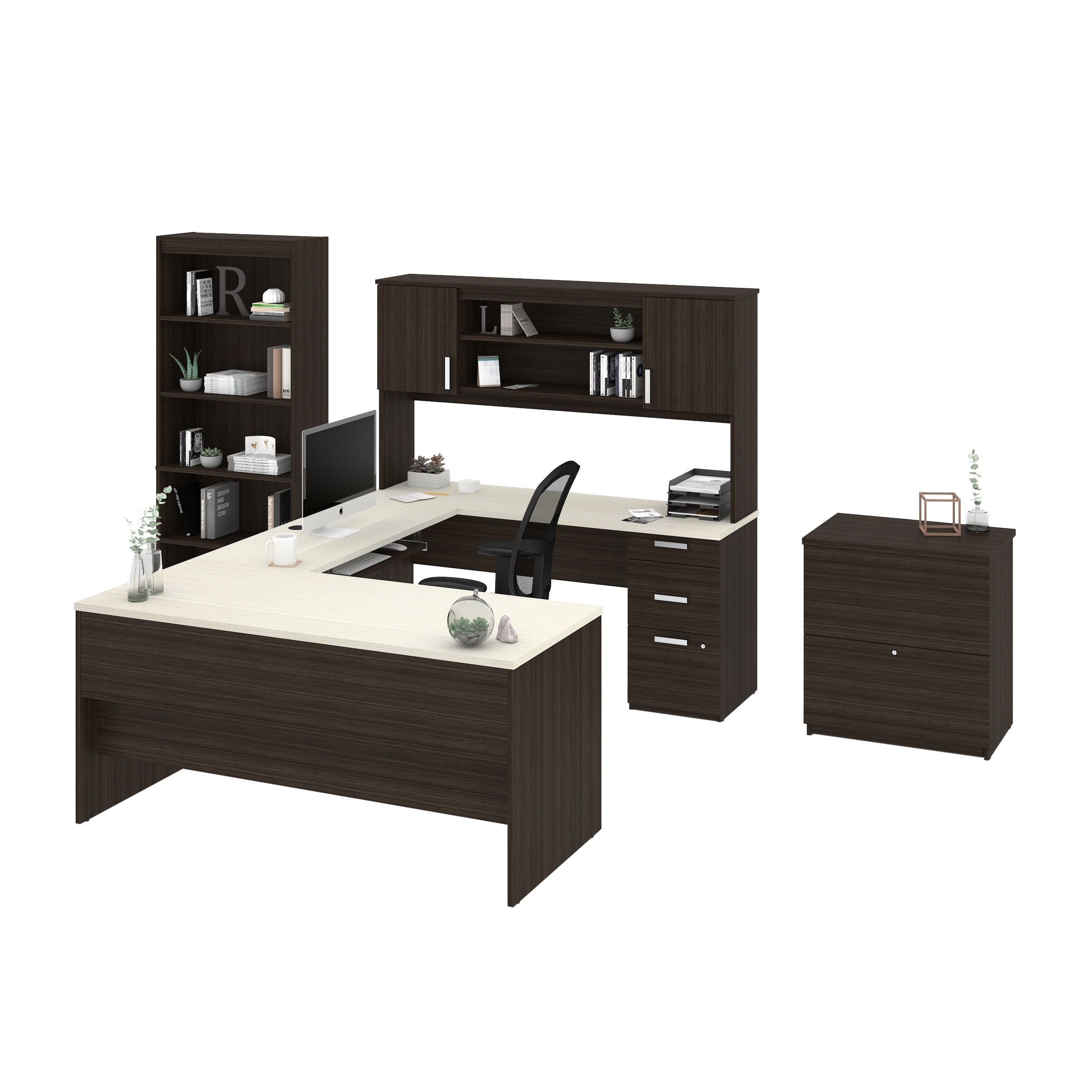 Bestar Ridgeley U-shaped Desk with Lateral File and Bookcase