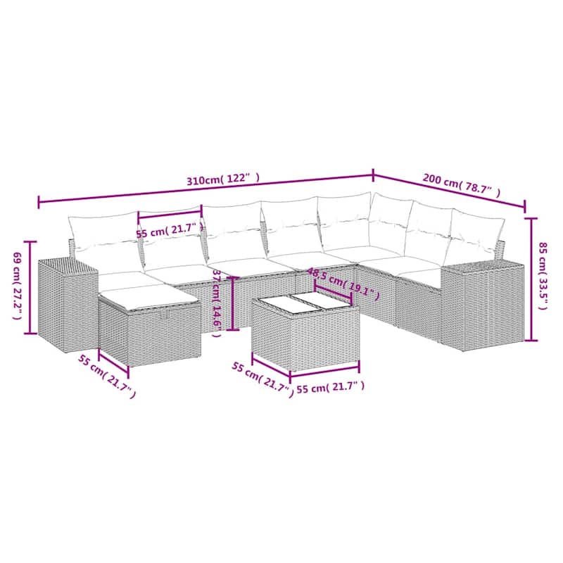 vidaXL Patio Sofa Set with Cushions Outdoor Conversation Furniture Poly Rattan - 24.4" x 24.4" x 27.2"
