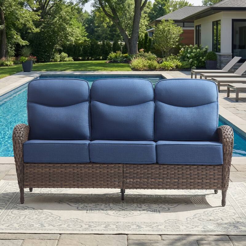 Pocassy Outdoor Wicker Patio Sofa with Swivel Chair Ottoman Sets - Brown Wicker Blue Cushion - Only 3-Seat Sofa