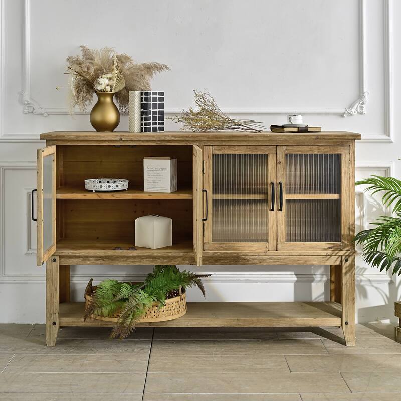 Rossetta 4-Door Elegant Rustic Accent Design Natural Wooden Sideboard Cabinet with Open Storage Shelf