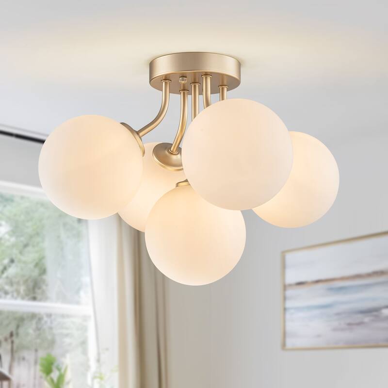 Starsky 5-LIght Globe Glass Sputnik Semi Flush Mount Ceiling Light - Milky White