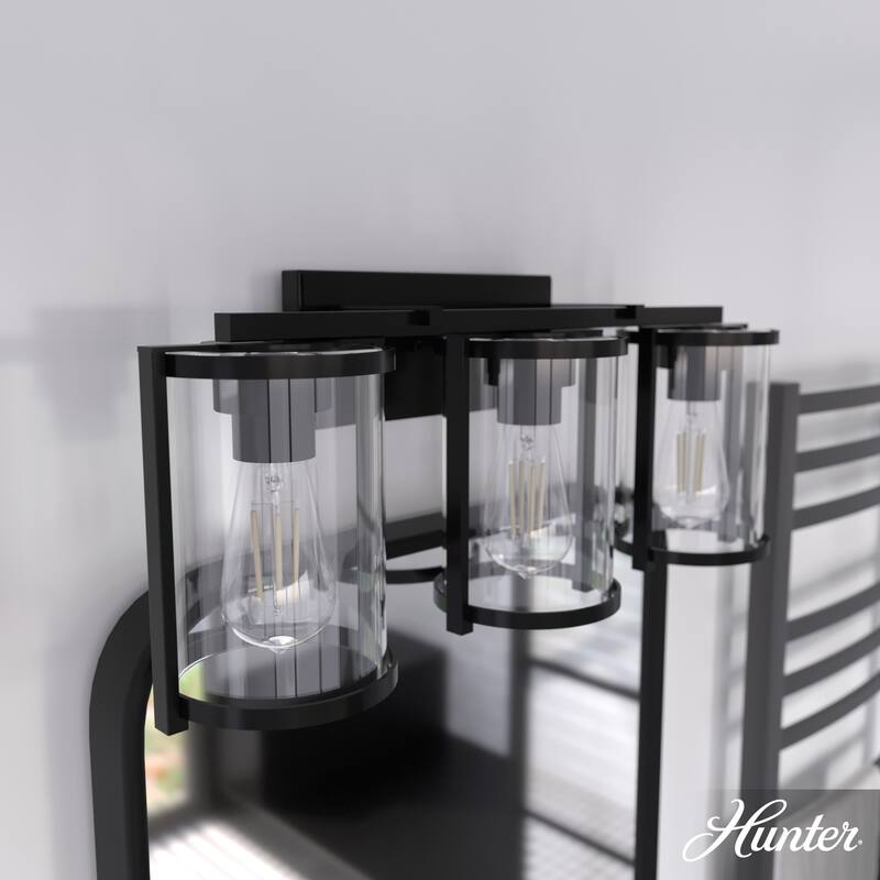 Hunter Astwood Bathroom Vanity Light, Clear Cylinder Glass, Damp Rated, Caged - Contemporary, Transitional, Art-Deco - 3-Light 24" - Matte Black