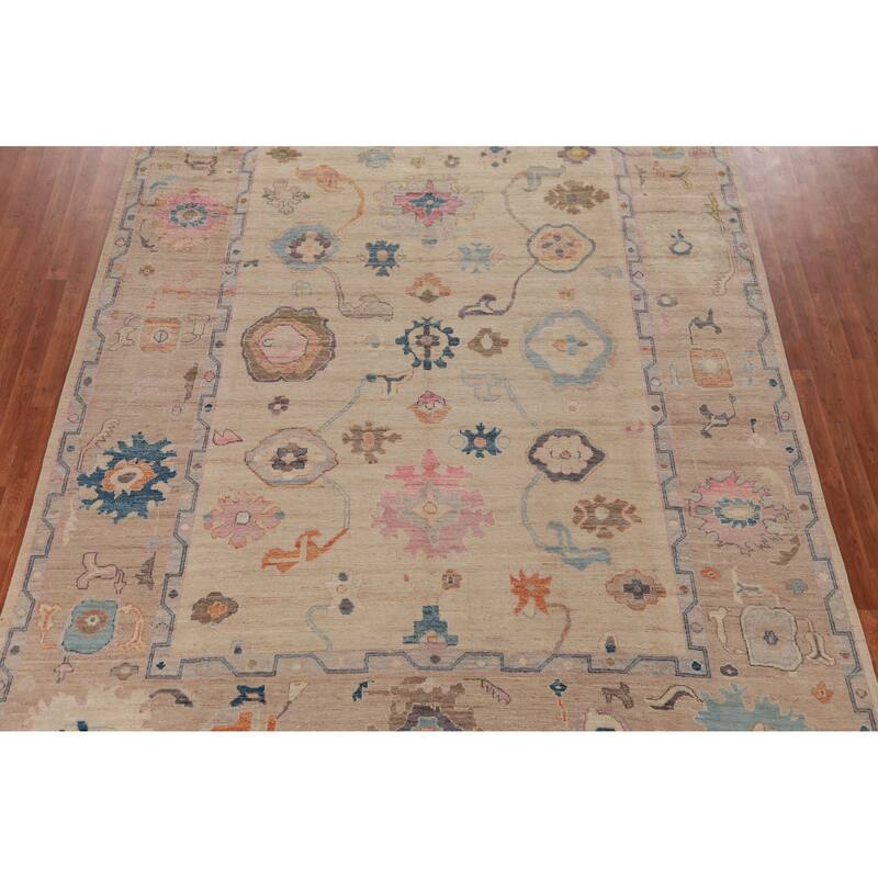 Hand Knotted Oriental 100% Wool Carpet Transitional All-Over Peach Oushak Area Rug - 12' 1'' X 9' 0''