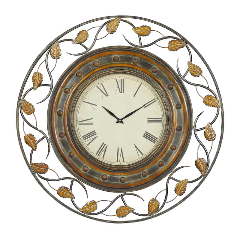 Metal Leaf Wall Clock with Scrolled Vines - Brown - Roche River Decor - 3"W x 36"L x 36"H
