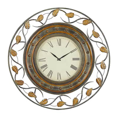 Metal Leaf Wall Clock with Scrolled Vines - Brown - Roche River Decor - 3"W x 36"L x 36"H