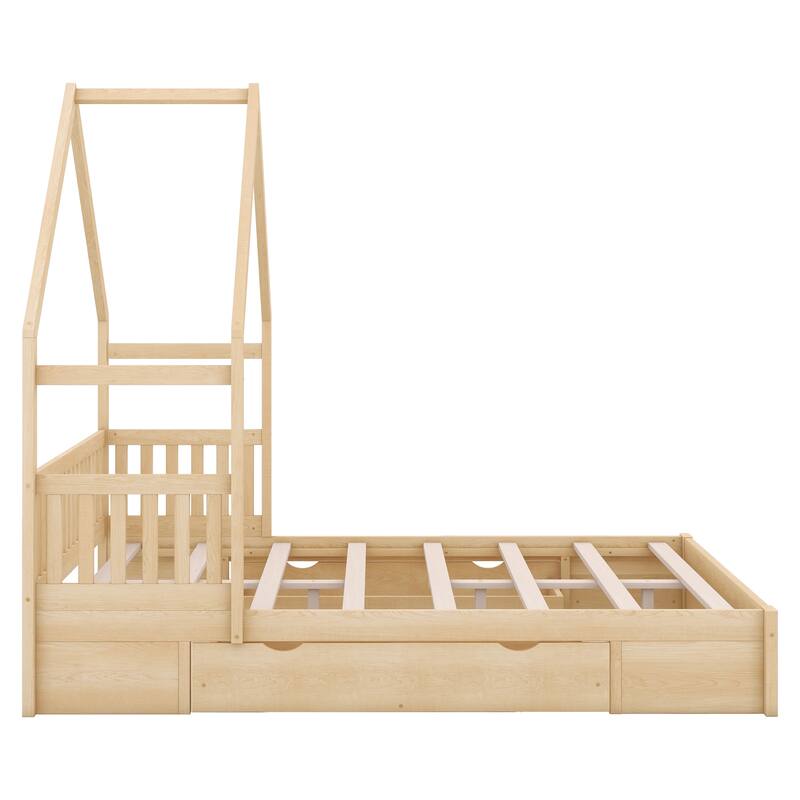 Natural Queen Size Solid Wood House Platform Bed with Guardrail and 2 Drawers