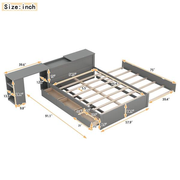 dimension image slide 0 of 3, Full Size Platform Bed with Trundle and Drawers Wood Full Bed Frame with a Rolling Shelf Platform Bed with Desk - White