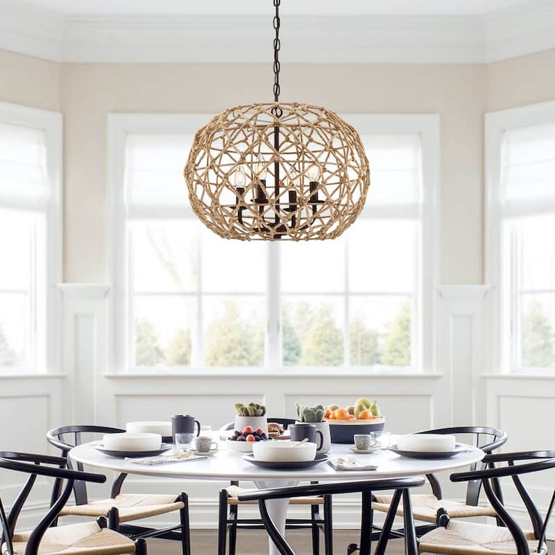 20-in 4-Light Rustic Natural Jute Rope Woven Globe Pendant Light with Brown Canopy - Coffee brown - 20 in. W - 20 in. W