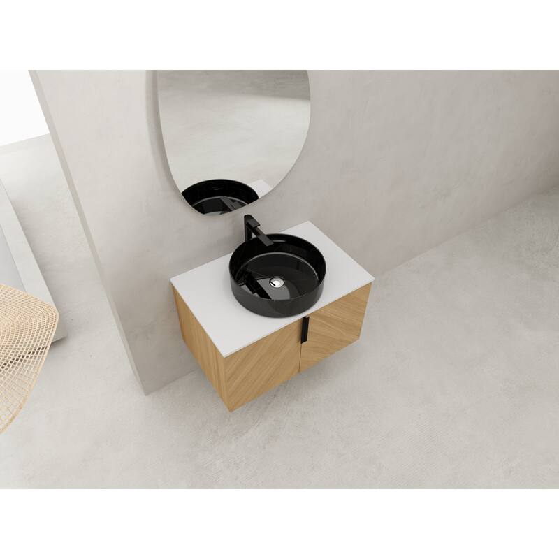 30" Bathroom Vanity with Matt Black Engineered Quartz Sink and Soft Black Drawers, Wall Mounted Floating Bathroom Vanity