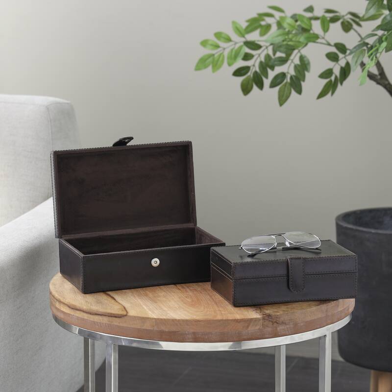 Leather Handmade Decorative Box with Hinged Lid - Set of 2 Gray, Brown, Dark Brown, Gold, Silver - Roche River Decor