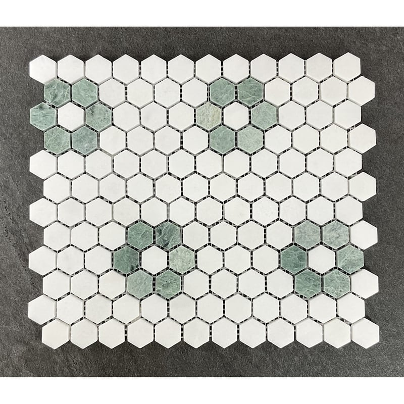 Thassos White and Ming Green 1" x 1" Marble Honeycomb Mosaic - Case (10 Sheets) - Case (10 Sheets) - Thassos White - Ming Green