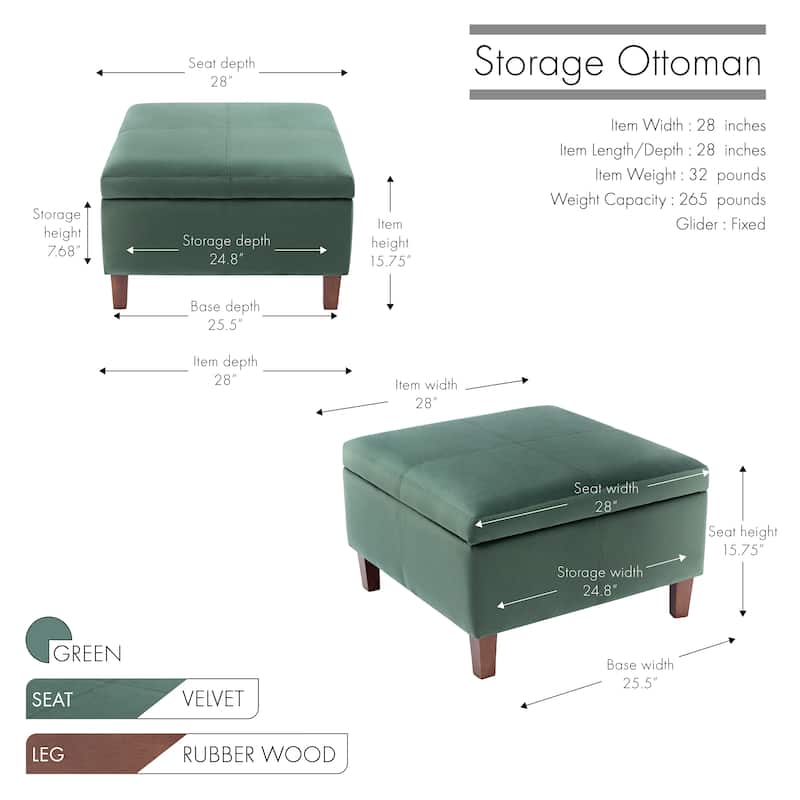 Porthos Home Janis Velvet Square Storage Ottoman with Rubberwood Legs