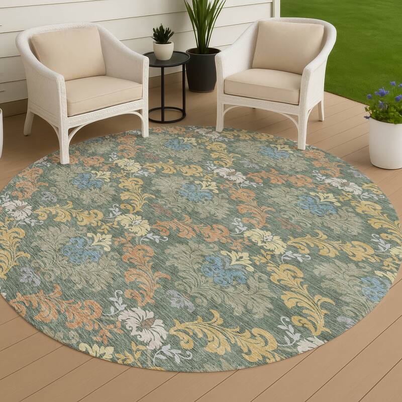 Machine Washable Indoor/ Outdoor Damask Patna Chantille Rug - Basil - 8' x 8'