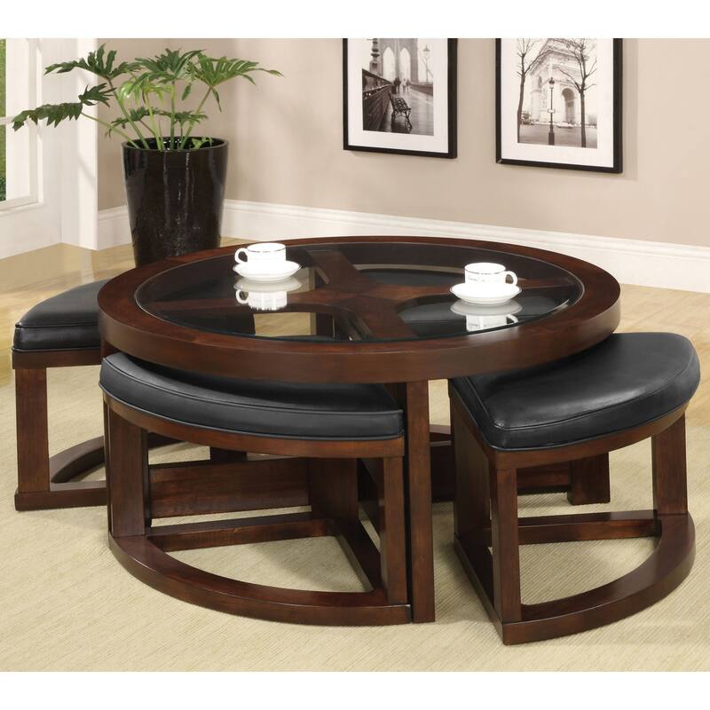 Kame Transitional Walnut 40-inch Glass Top 5-Piece Coffee Table with Ottomans by Furniture of America - Dark Walnut
