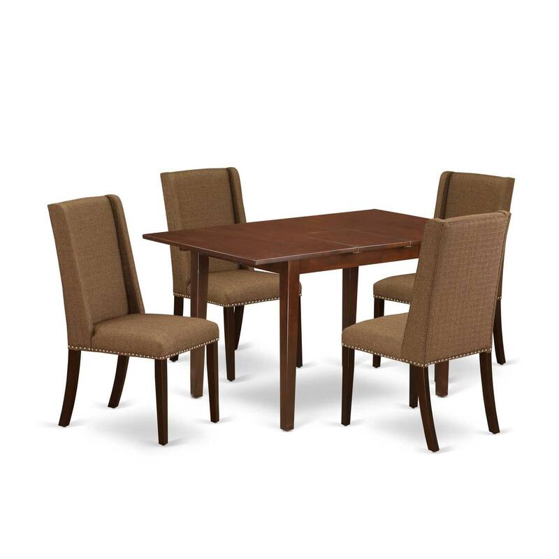 HomeStock 5-Piece Mahogany Finish Solid Wood Top Dining Table with 4 Parson Chair with Butterfly Leaf