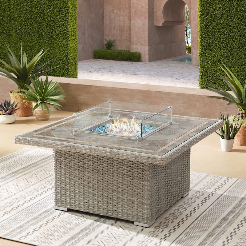 Corvus Duff 1-piece Square Wicker Patio Fire Pit Table with Ceramic Tile Top and Lid