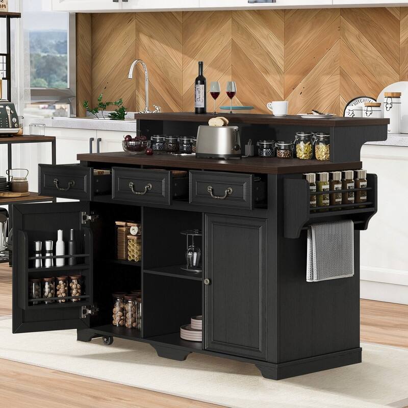Farmhouse 53.2" Kitchen Island with Power Outlet, Rolling Island Table, Bar Cabinet with Storage 4 Door Shelves and 3 Drawers