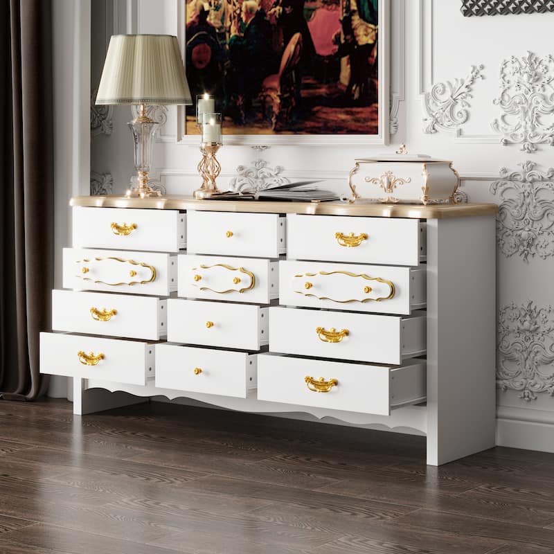 Luxury White and Gold 12-Drawer Dresser with Pine Wood Top Elegant Storage Cabinet for Bedroom or Living Room