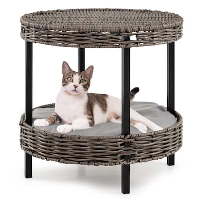 2-Layer Grey Rattan Cat Bed, Indoor Outdoor Pet Nest with Comfortable Washable Cushion - 15" x 15"