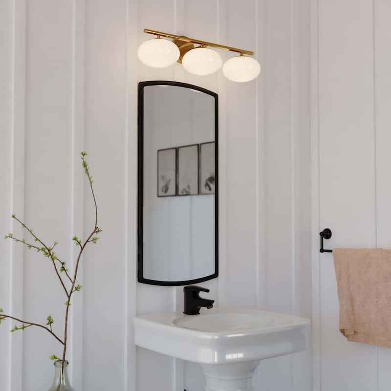Sloane LED Gold Satin Brass Mid-Century Modern Bathroom Vanity Wall Fixture with White Glass Globes