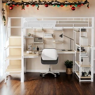 Metal Full Size Loft Bed with Storage Staircase,Small Wardrobe,Built-in Desk and Storage Shelves