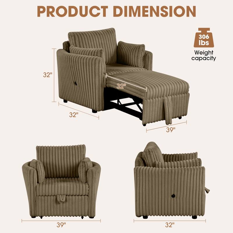 Modern Fabric Sleeper Single Sofa with USB and 2 pillows