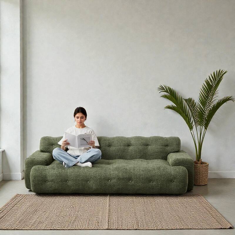 87.4 Inch Cloud Style 3 Seater Sofa, Button Tufted Chenille Upholstered Couch with Square Arms, No Assembly