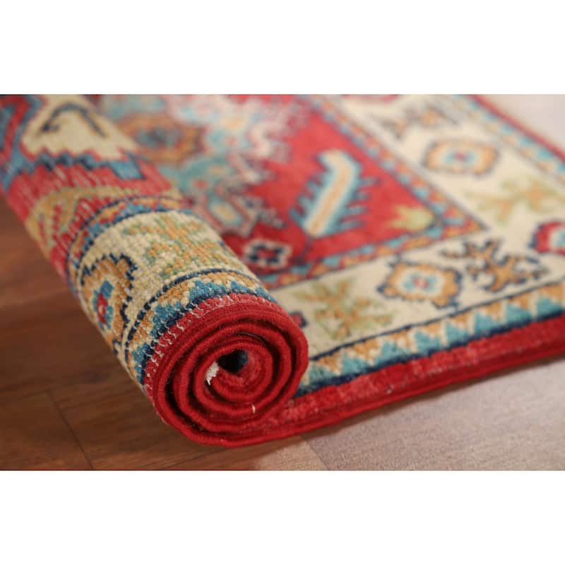 Red Geometric Kazak Oriental Accent Rug Hand-Knotted Wool Carpet - 2'0" x 2'10"