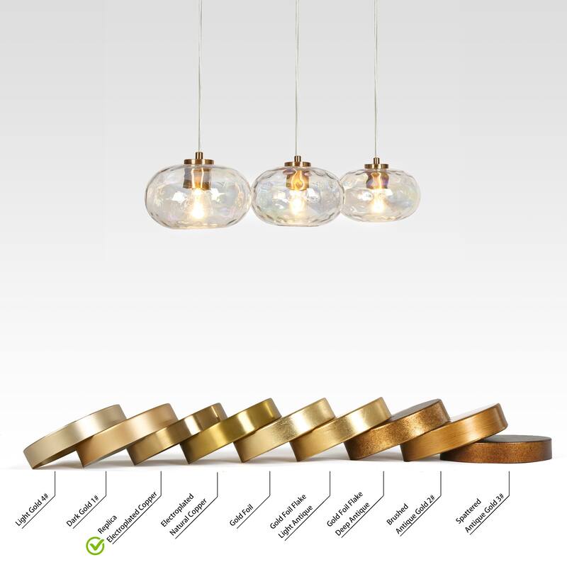 Modern 3-Light Gold Linear Chandelier Colored Ripple Glass Island Pendant Lights - W31.5" x H66" Max