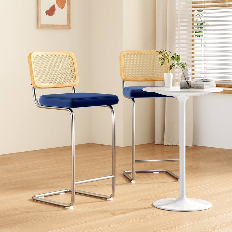 Counter Height Bar Stools Set Of 2, Upholstered Barstools With Rattan Back,30 Inch Stools Armless Bar Chairs