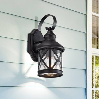 1-Bulb Black Outdoor Wall Lantern Sconce with Seeded Glass