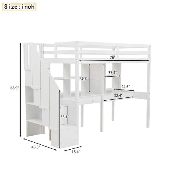 dimension image slide 0 of 2, Twin Size Loft Bed Frame with Storage Staircase