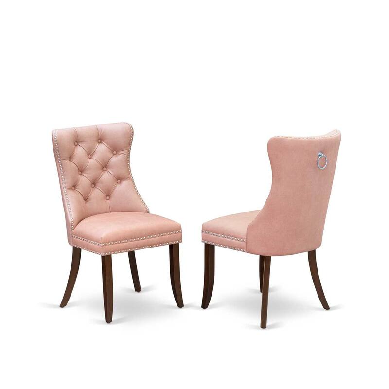 Parsons Dining Chairs Set of 2 - Padded Upholstered Accent Chairs - Beige Red Faux Leather - Nailhead Trim