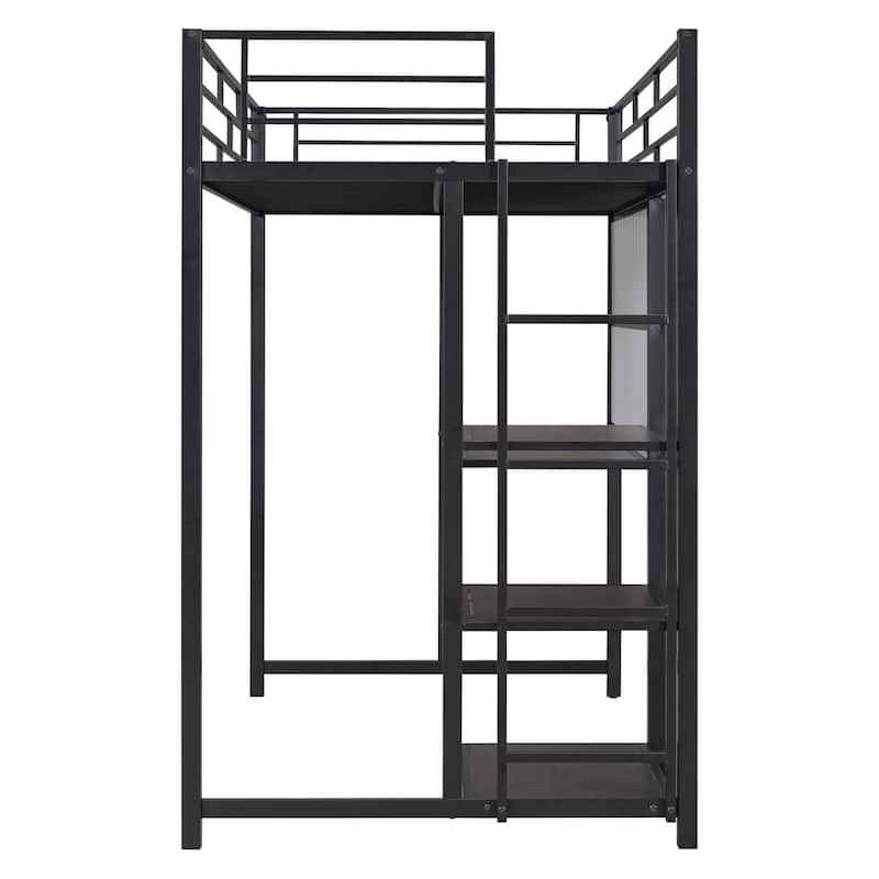 Metal Bed Frame Kids Loft Bed with Desk and Whiteboard, 3 Shelves and Ladder, Metal Slat Support