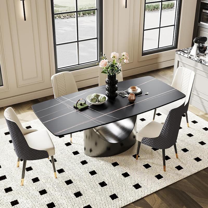 Modern Dining Table with Rectangular Sintered Stone Tabletop, Carbon Steel Leg, Minimalist Kitchen Dining Room Table - 62.99" - Black Tabletop-Gray Base