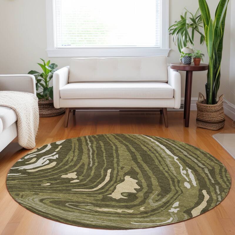 Machine Washable Indoor/ Outdoor Abstract Brushstrokes Chantille Rug - Olive - 8' x 8'