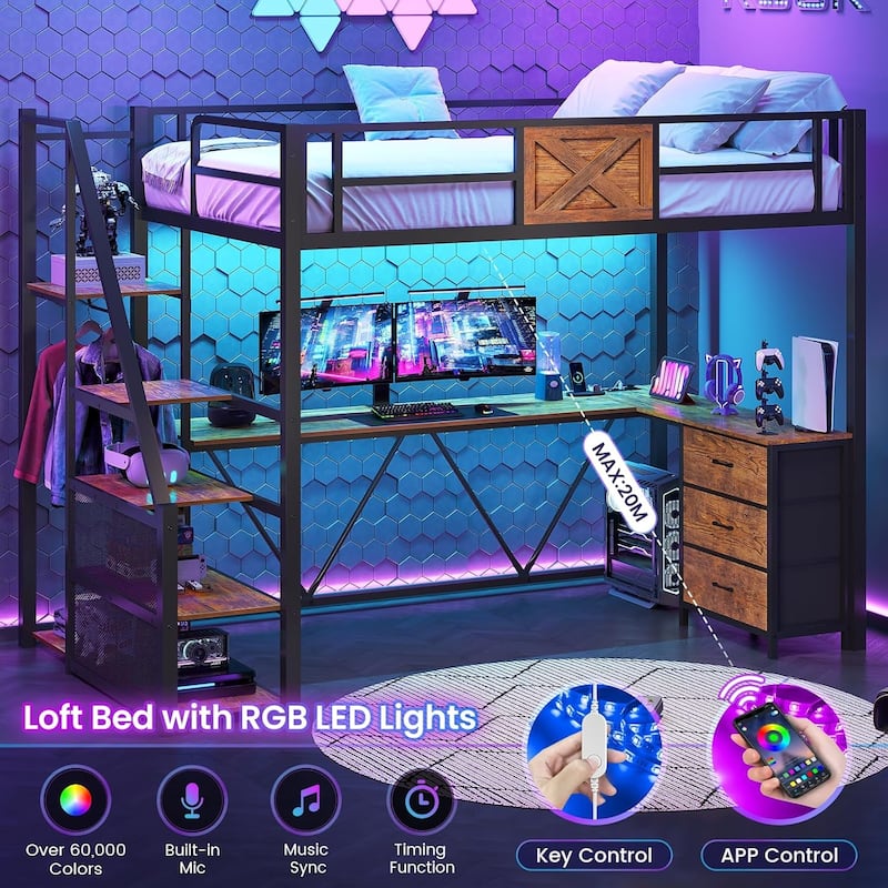 Stairway Twin Size Loft Bed with L Shaped Desk and Wardrobe 3 Drawers