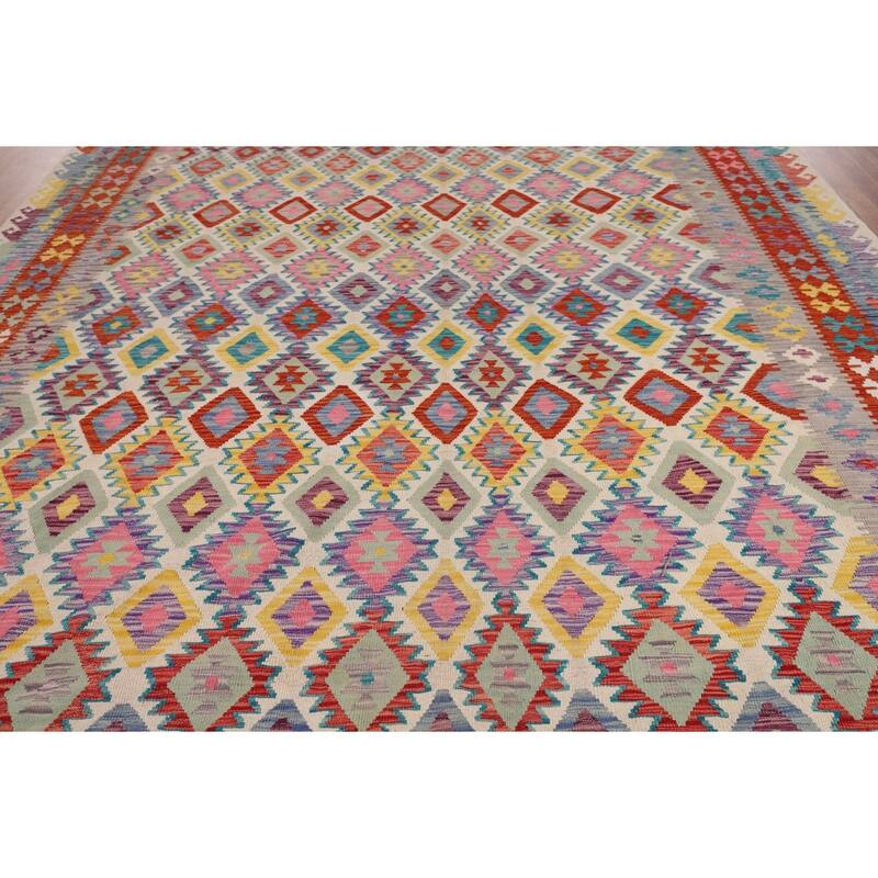 Flat Weave Geometric Kilim Oriental Large Rug Flatweave Wool Carpet - 10'1" x 15'11"