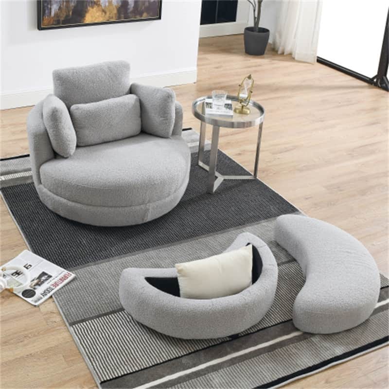 Swivel Accent Barrel Modern Grey Sofa Lounge Club Big Round Chair with Storage Ottoman Linen Fabric for Living Room