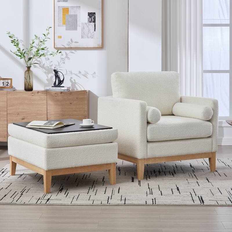 Roomfitters Boucle Arm Chair with Ottoman, Farmhouse Upholstered Wood Base Accent Chair and Reversible Lid Coffee Table