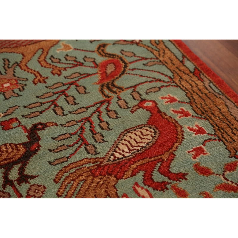 Animals Green Ziegler Indian Runner Rug Handmade Wool Carpet - 2'7"x 7'11"